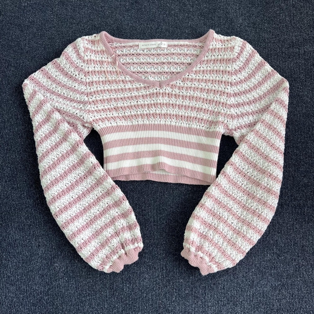 Altar'd State Sweater Womens Small Pink White Striped Crochet Knit Crop Top